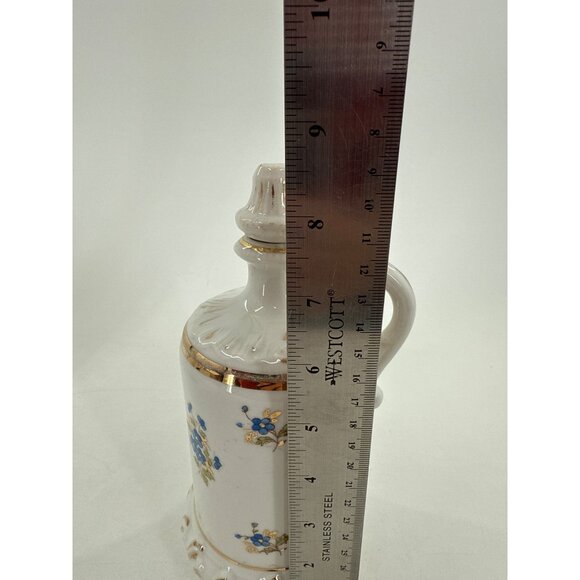 German Ceramic Oil & Vinegar Dispenser Set Blue Floral Design Gold Accents - Picture 6 of 7